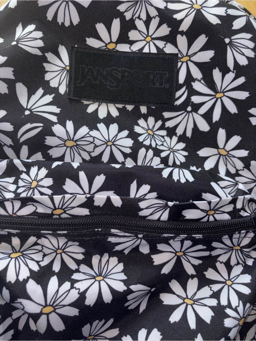 Jansport Black Floral Daisy Backpack with White and Yellow Accents